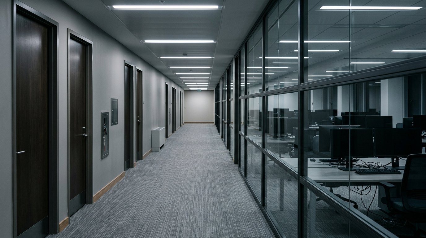 An empty government office corridor with closed doors and dark switched-off monitors behind glass