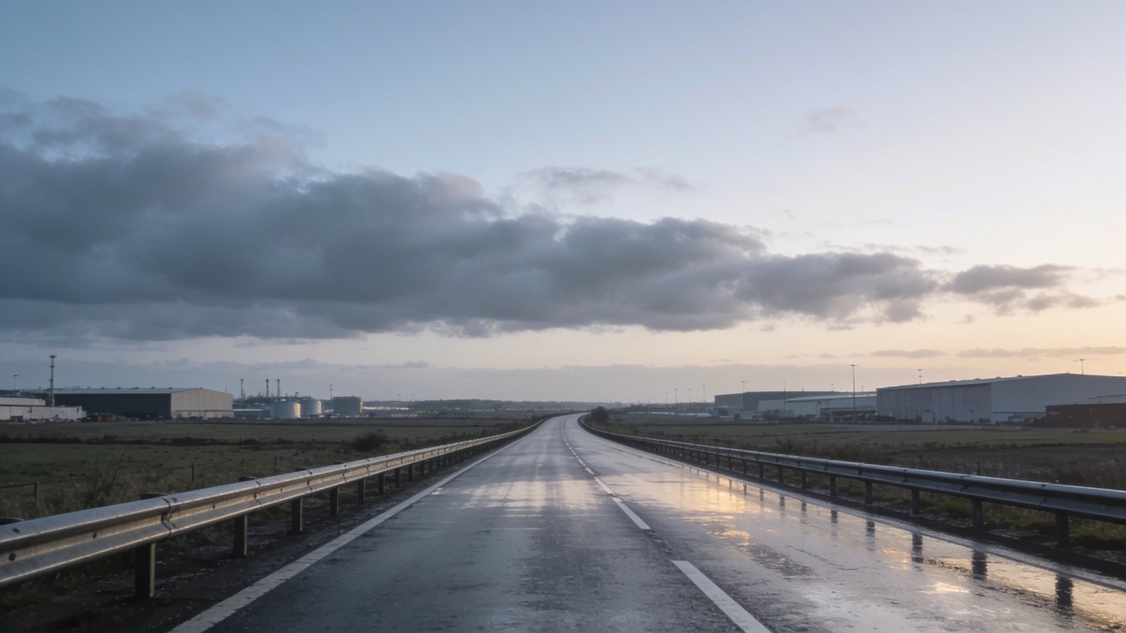 An empty dual carriageway in northern England at first light under a grey sky