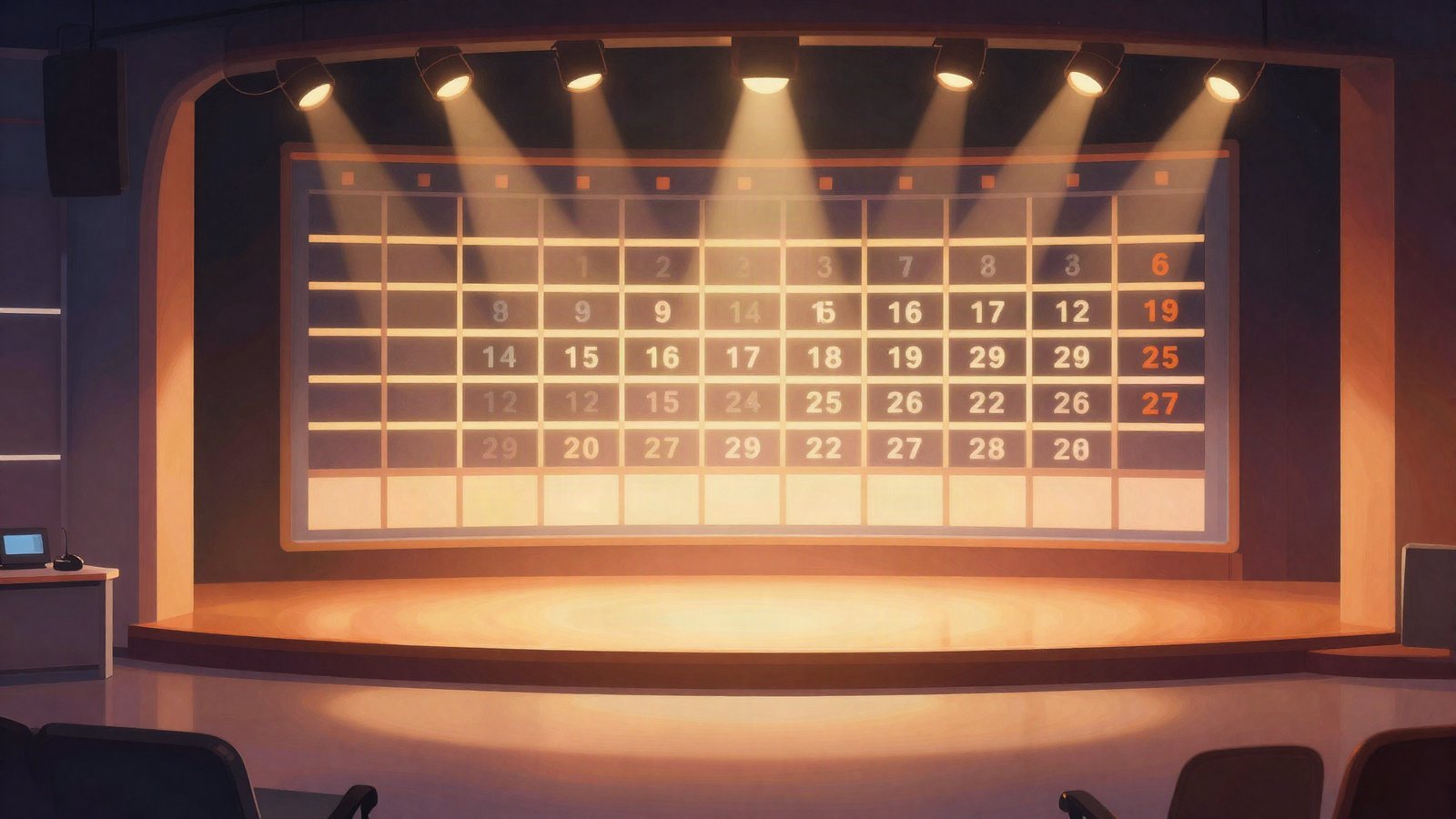 Editorial illustration of a broadcast control room with a glowing autumn schedule grid and stage spotlights, representing a network fall premiere lineup