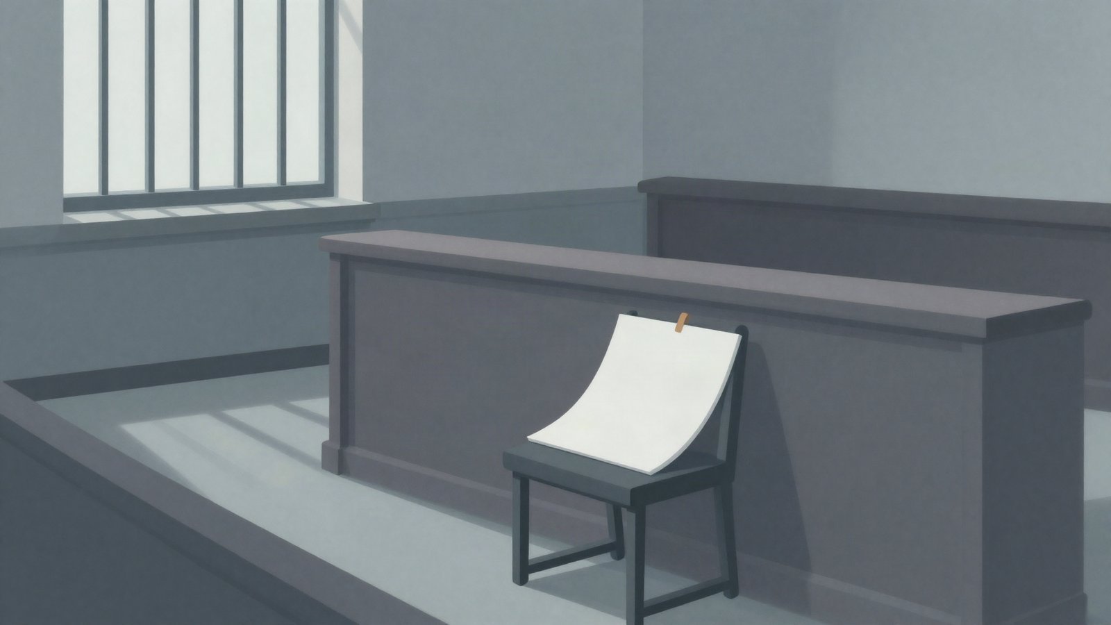 Illustration of an empty courtroom with a barred window and a folded protest placard, symbolising harsh sentences for activists