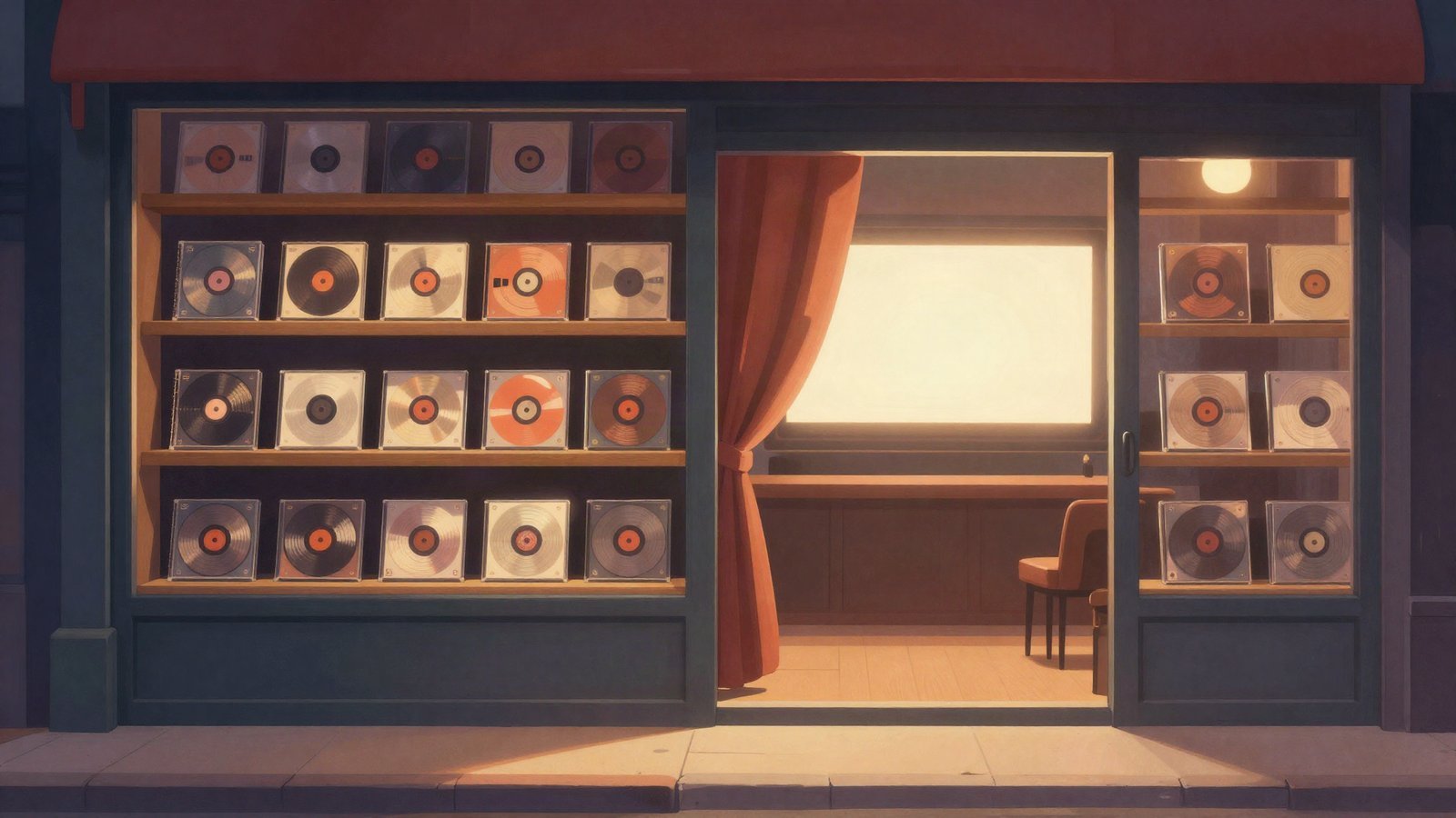 Editorial illustration of a cozy storefront combining shelves of disc cases with a small glowing cinema screen, symbolizing a media store and microcinema