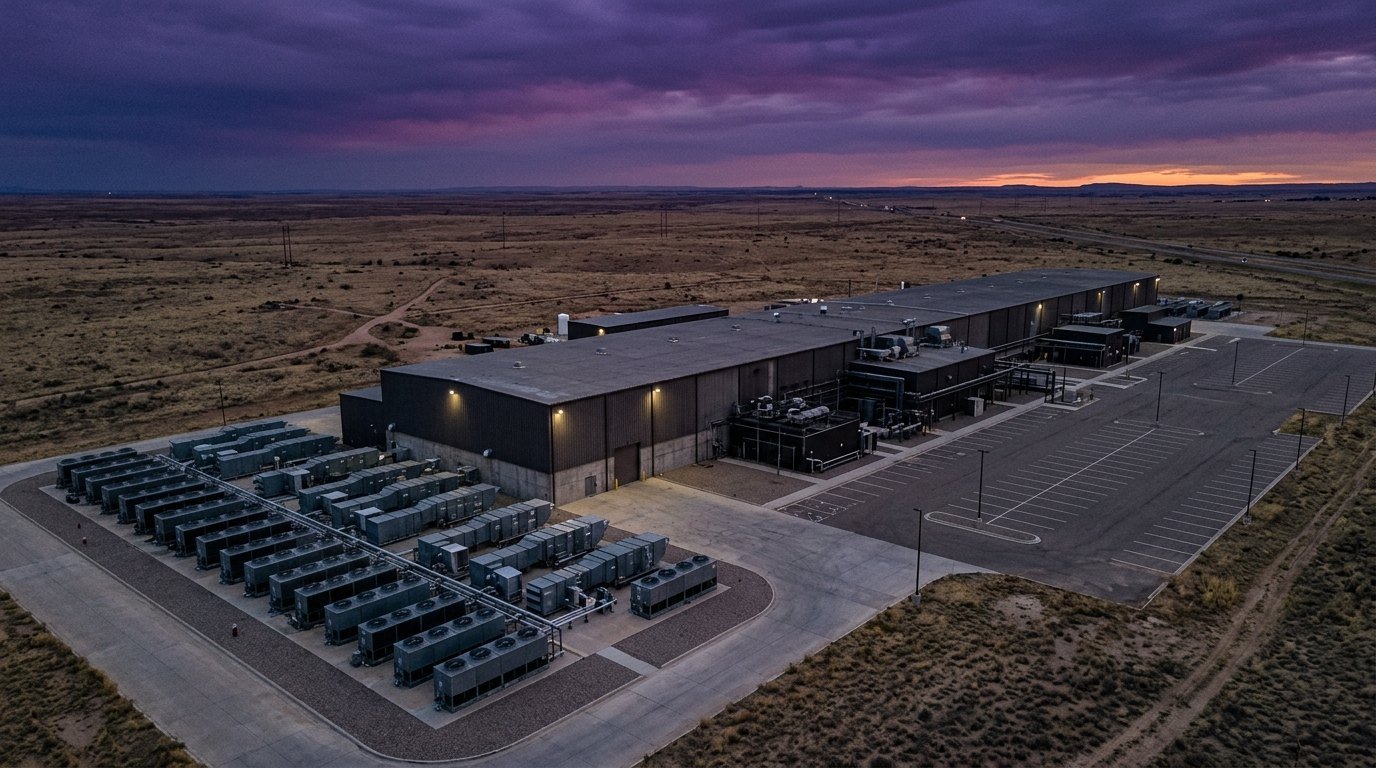 An aerial view at dusk of a long windowless industrial building ringed by cooling units and empty parking