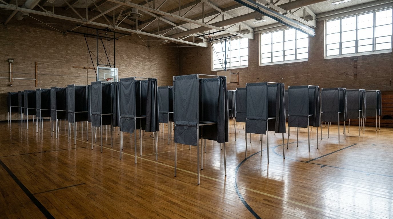 Rows of empty grey voting booths on a polished gymnasium floor lit by high windows