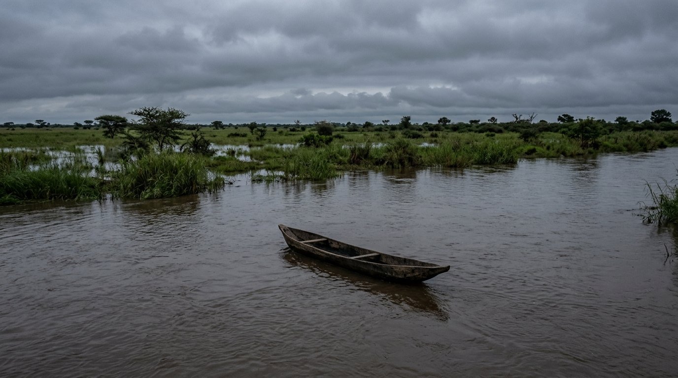An empty wooden canoe drifting on a wide muddy river at dawn beside flooded grassy banks