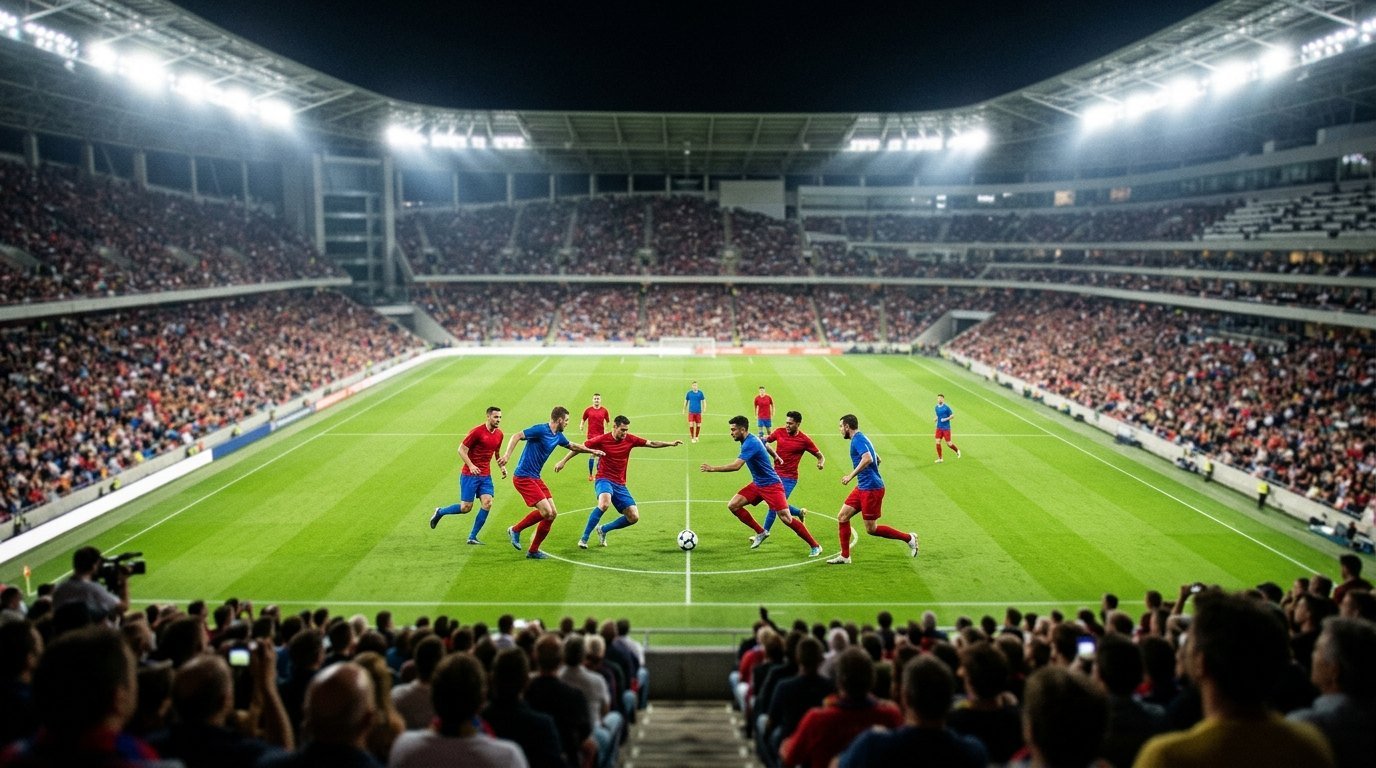 Footballers contest the ball under floodlights in a packed modern stadium at night