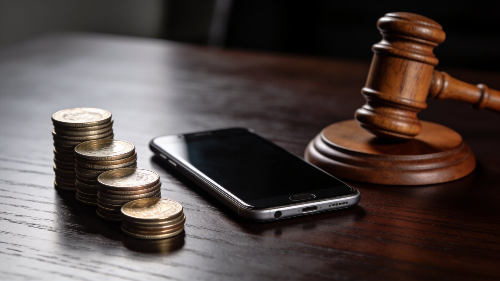 A face-down smartphone beside a gavel and stacked coins symbolising the Cash App settlement