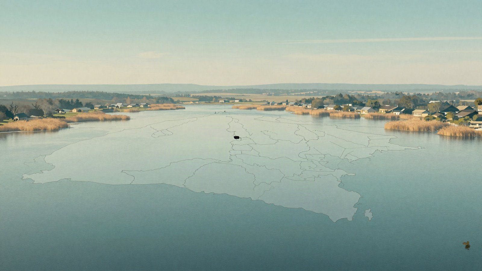 Illustration of a shallow lake basin with scattered village markers and converging borders, symbolising the Lake Chad conflict zone