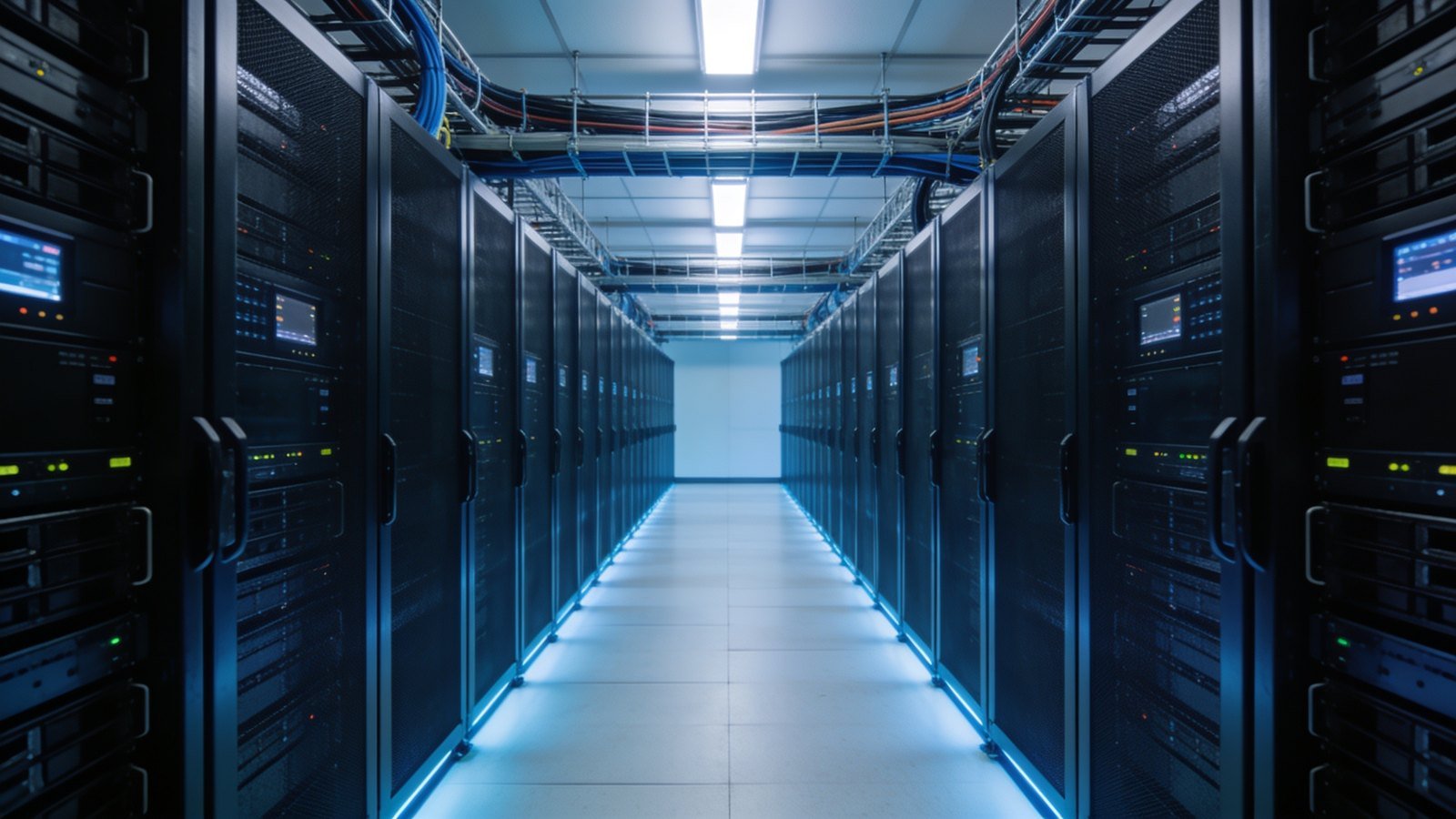 Rows of dark server racks in a cool-lit data centre hall with no screens on