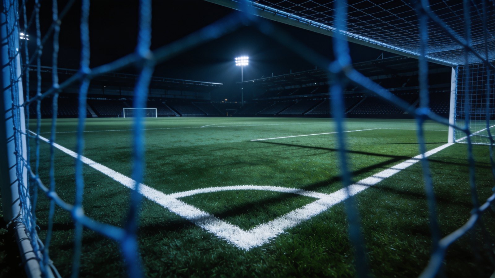 An empty floodlit football pitch at night seen from behind the goal