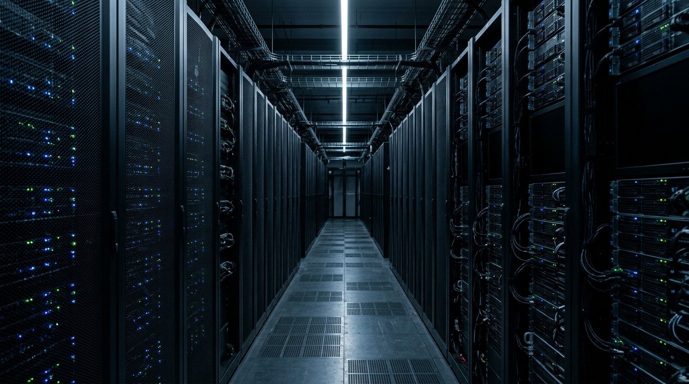 A long aisle between tall dark server racks in a data centre, lit by rows of small indicator lights
