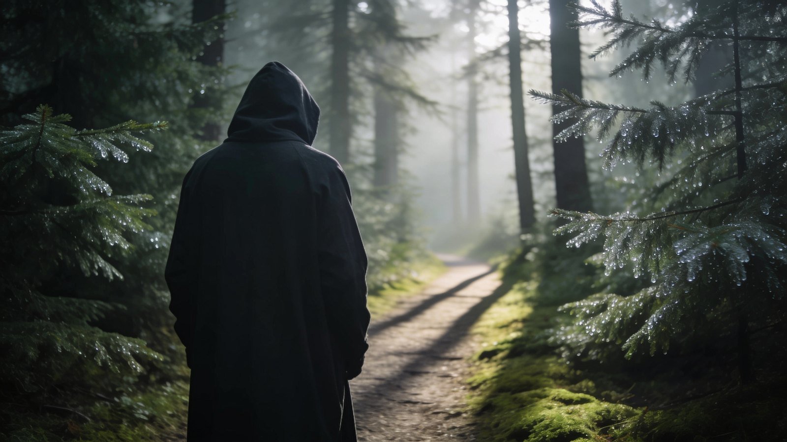 A hooded figure seen from behind on a misty forest path at dawn