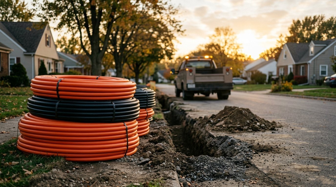 Coils of fibre optic conduit beside a suburban street trench at golden hour
