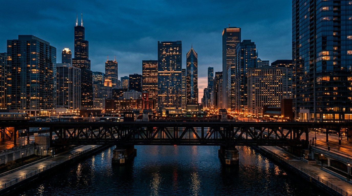 The Chicago skyline and river at dusk with lights coming on in the towers