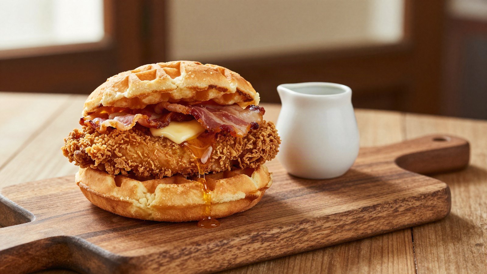 A chicken and waffles sandwich with bacon and syrup on a wooden board