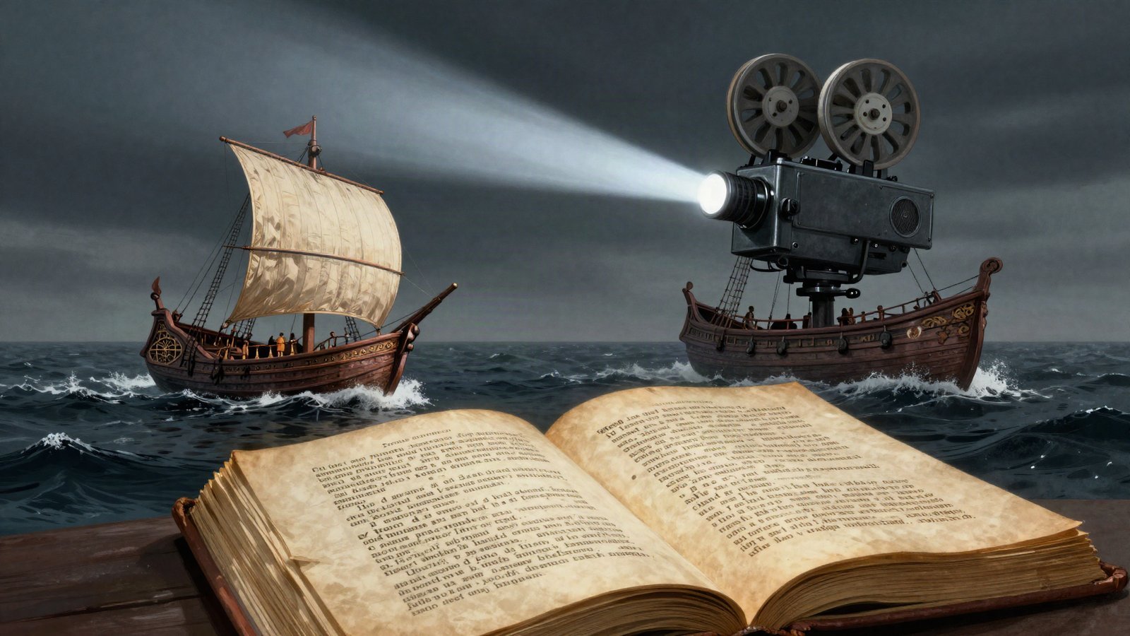 Illustration of an ancient Greek ship on a dark sea beneath a projector beam with a glowing open book, symbolising a Homer adaptation on screen