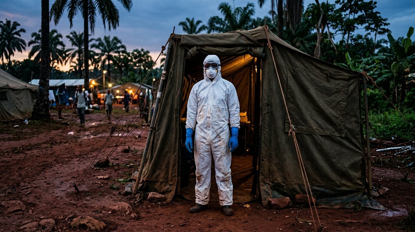 A health worker in full white protective equipment standing at the entrance of a canvas field treatment tent at dusk