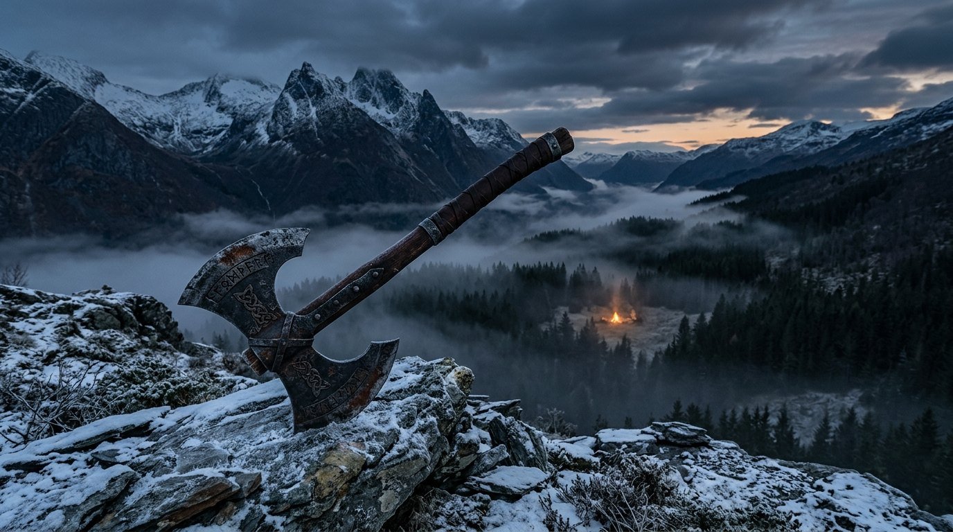 A battle axe embedded in rock before a misty Norse mountain landscape at dusk