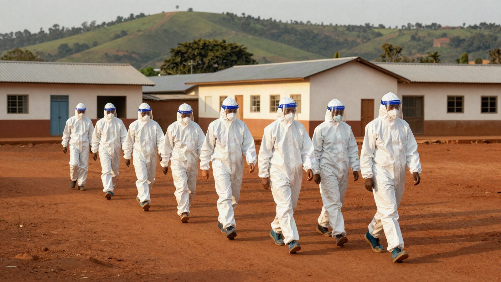 Health workers in protective suits walk across a rural clinic compound