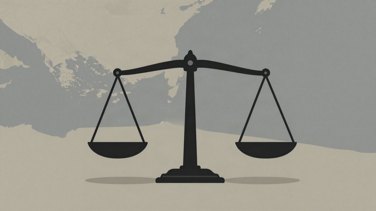 Illustration of balanced scales beside a military helmet silhouette over a faint map of a coastal nation