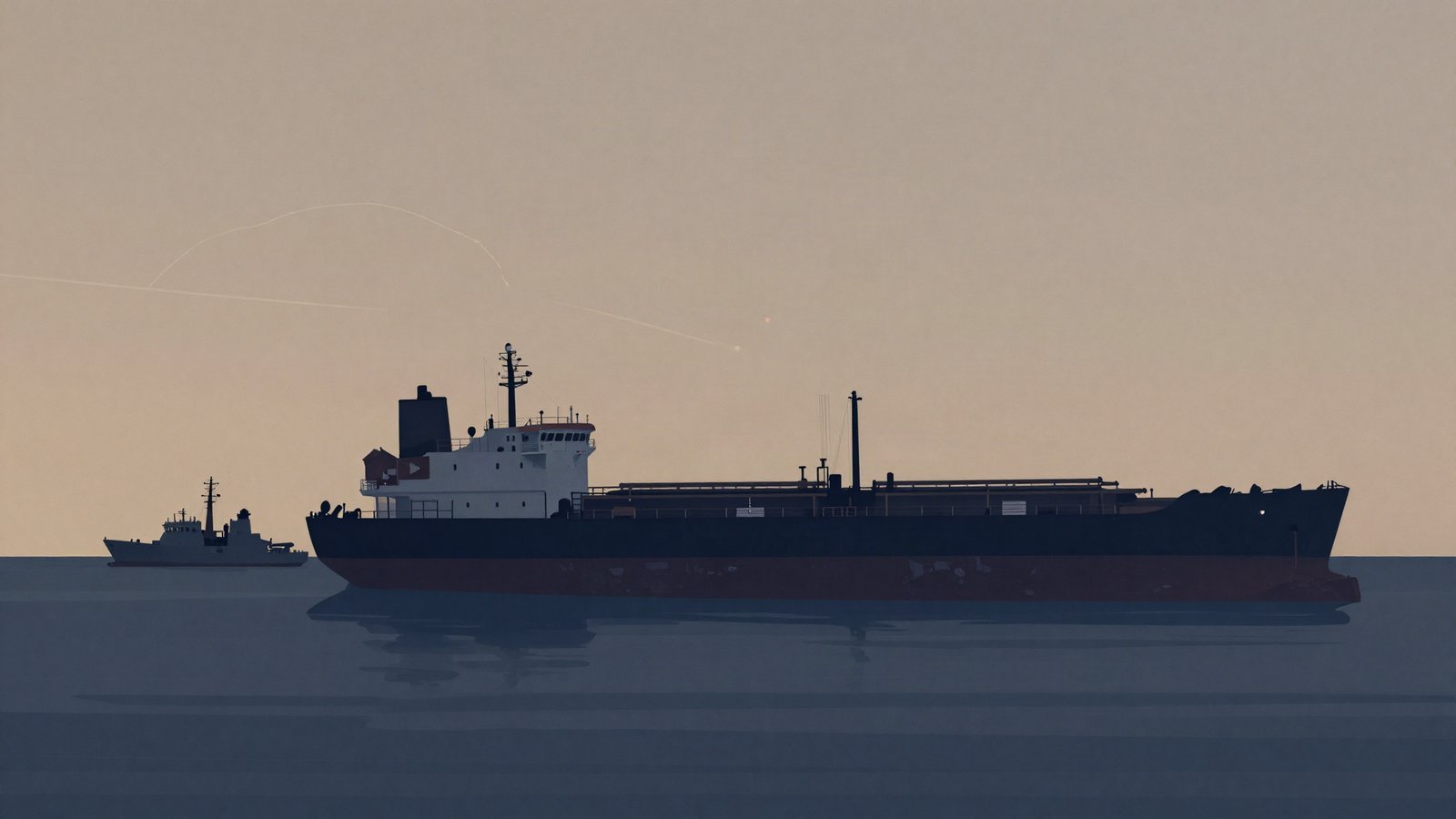 Illustration of an aging oil tanker shadowed by a naval patrol boat near a faint outline of Sicily, with dotted shipping routes in muted navy tones.