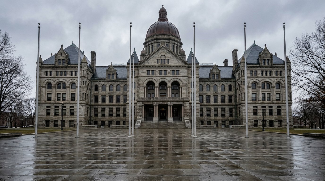 The granite facade of a nineteenth-century state capitol building seen across an empty plaza on a grey morning