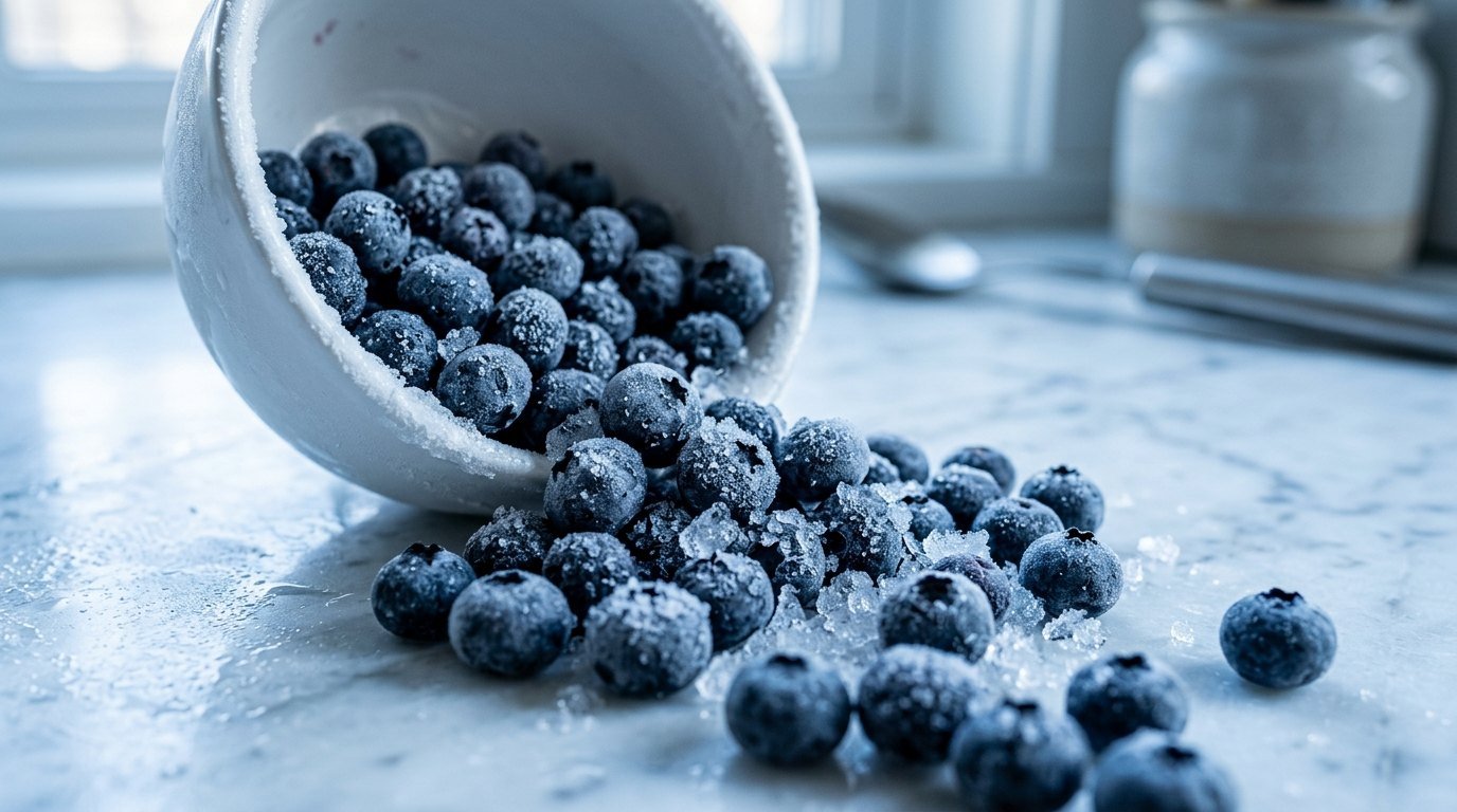 Frost-covered frozen blueberries spilling from a white bowl on a marble counter