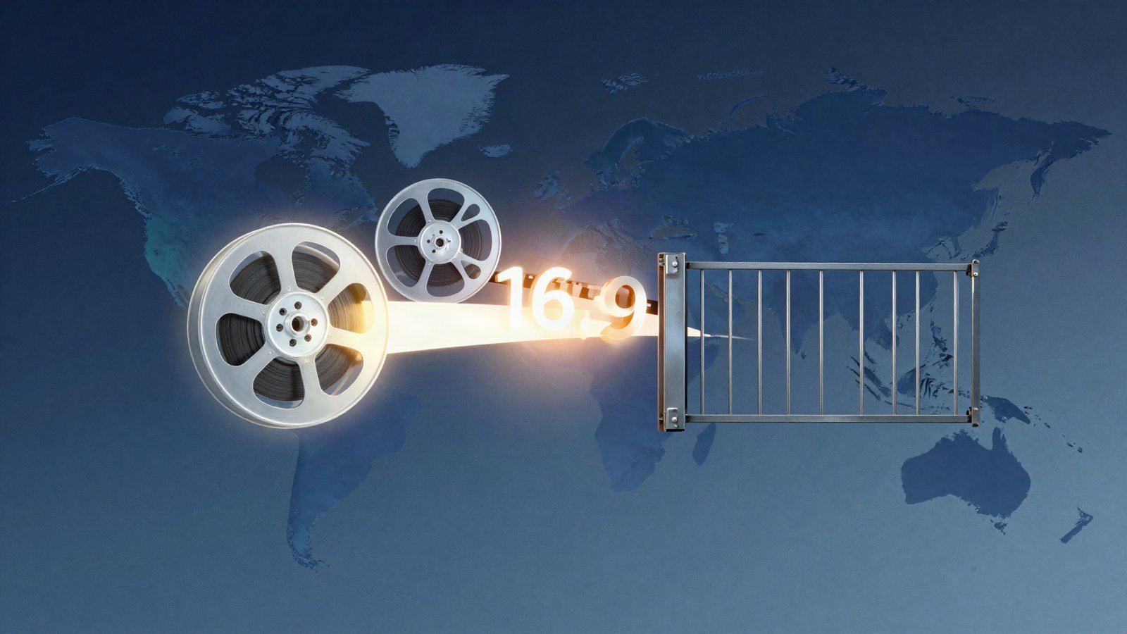 Editorial illustration of a film reel splitting into streams across a world map, one stream held behind a locked gate, symbolizing selective licensing