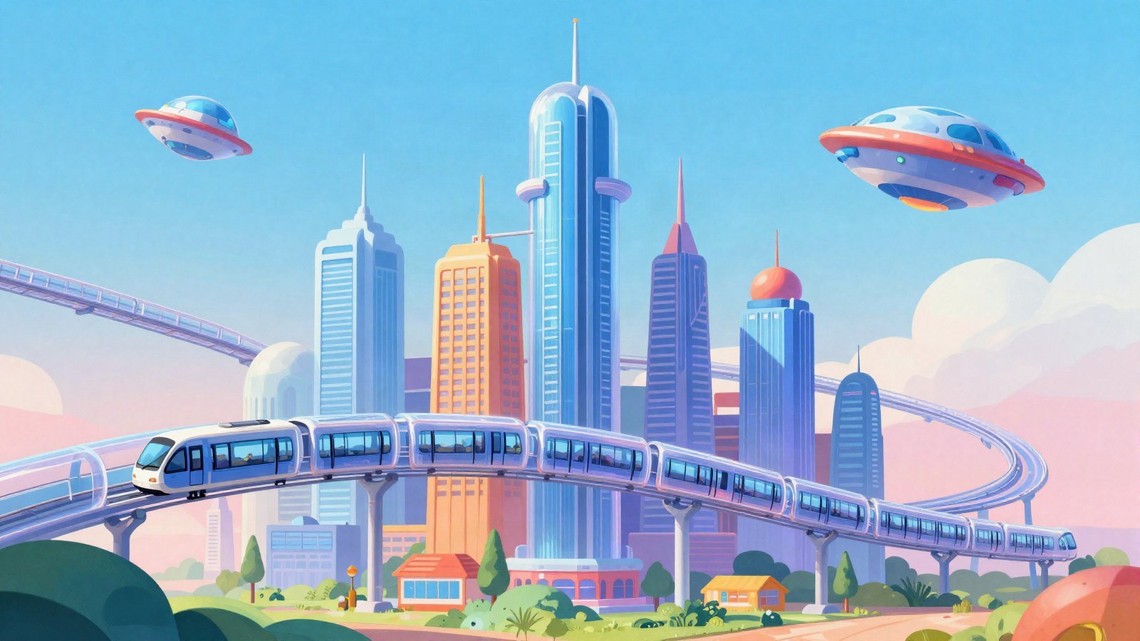 Editorial illustration of a colourful retro-futuristic city with transit tubes and flying saucers, evoking an animated sci-fi comedy