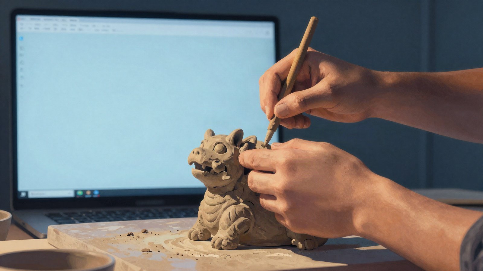Illustration contrasting handcrafted clay creature sculpting with a cold blank screen, symbolizing a filmmaker defending human craft against generative AI