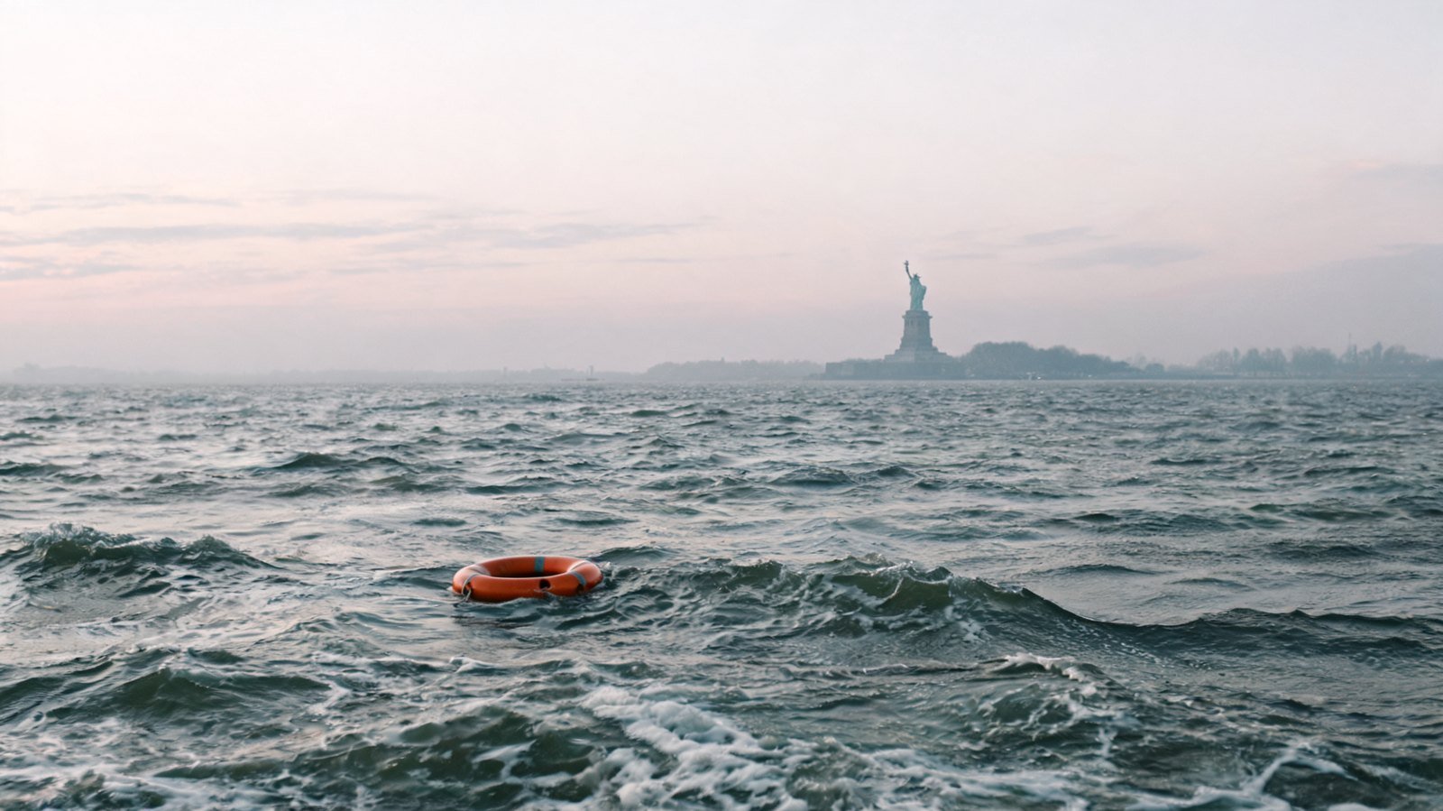 Choppy water in New York Harbor at dawn with the Statue of Liberty silhouetted in haze