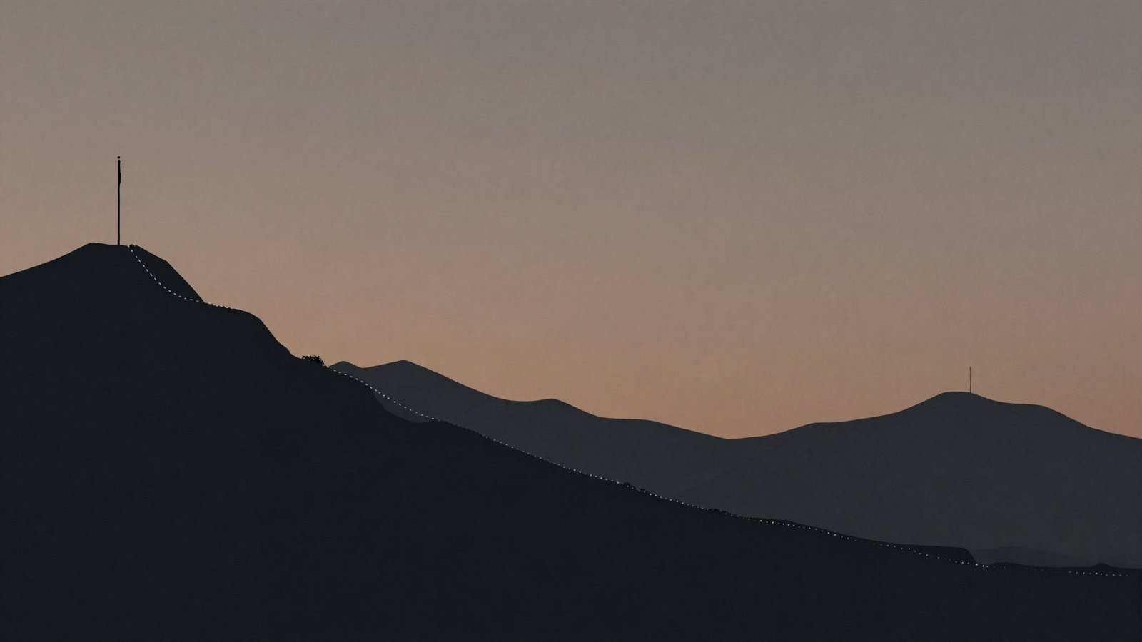 Illustration of a dotted line winding through silhouetted mountain ridges with two distant flag-poles on opposite sides