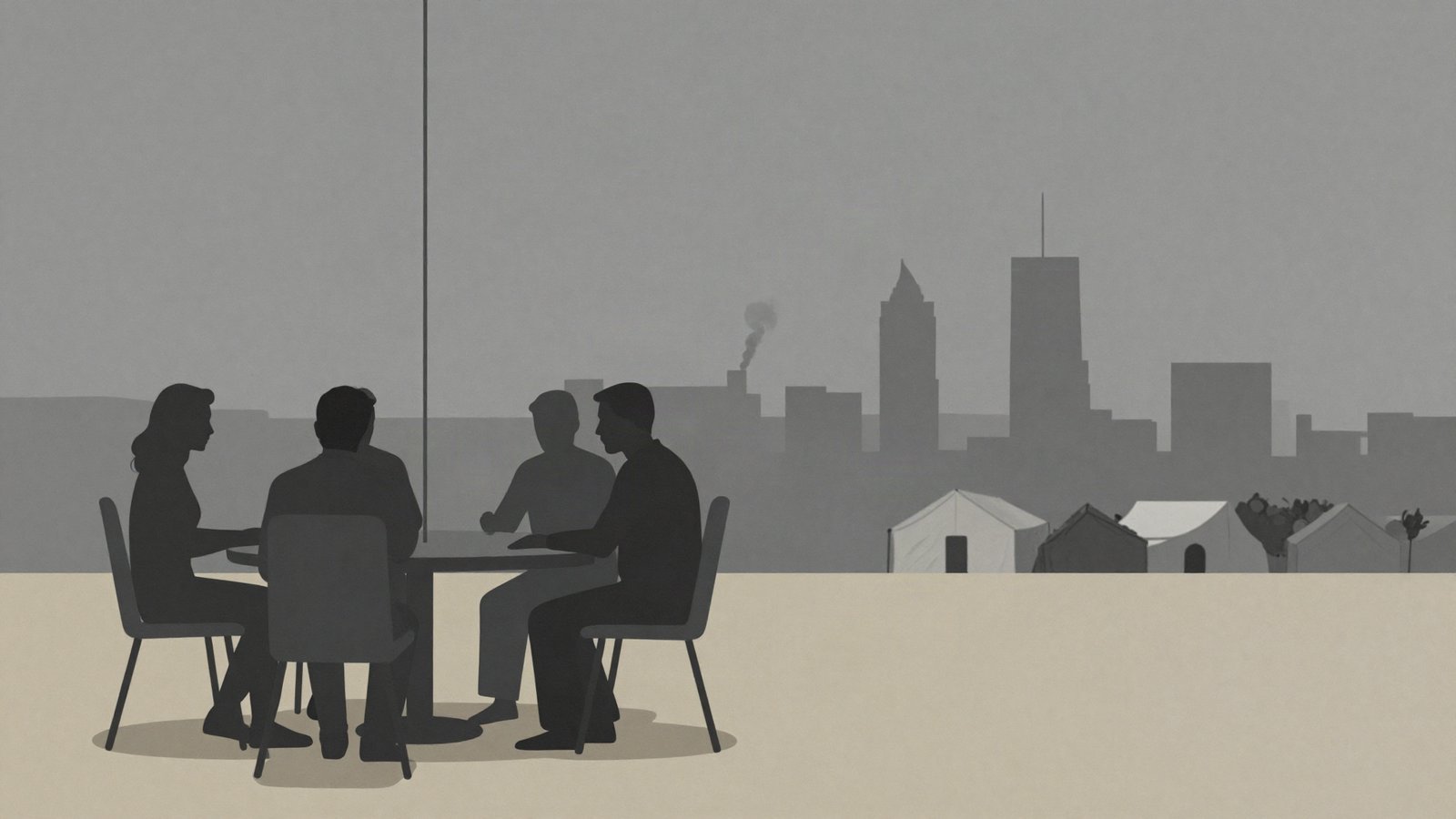Illustration contrasting a negotiation table with a muted Gaza skyline and distant smoke under a shared grey sky, symbolizing talks amid ongoing strikes.