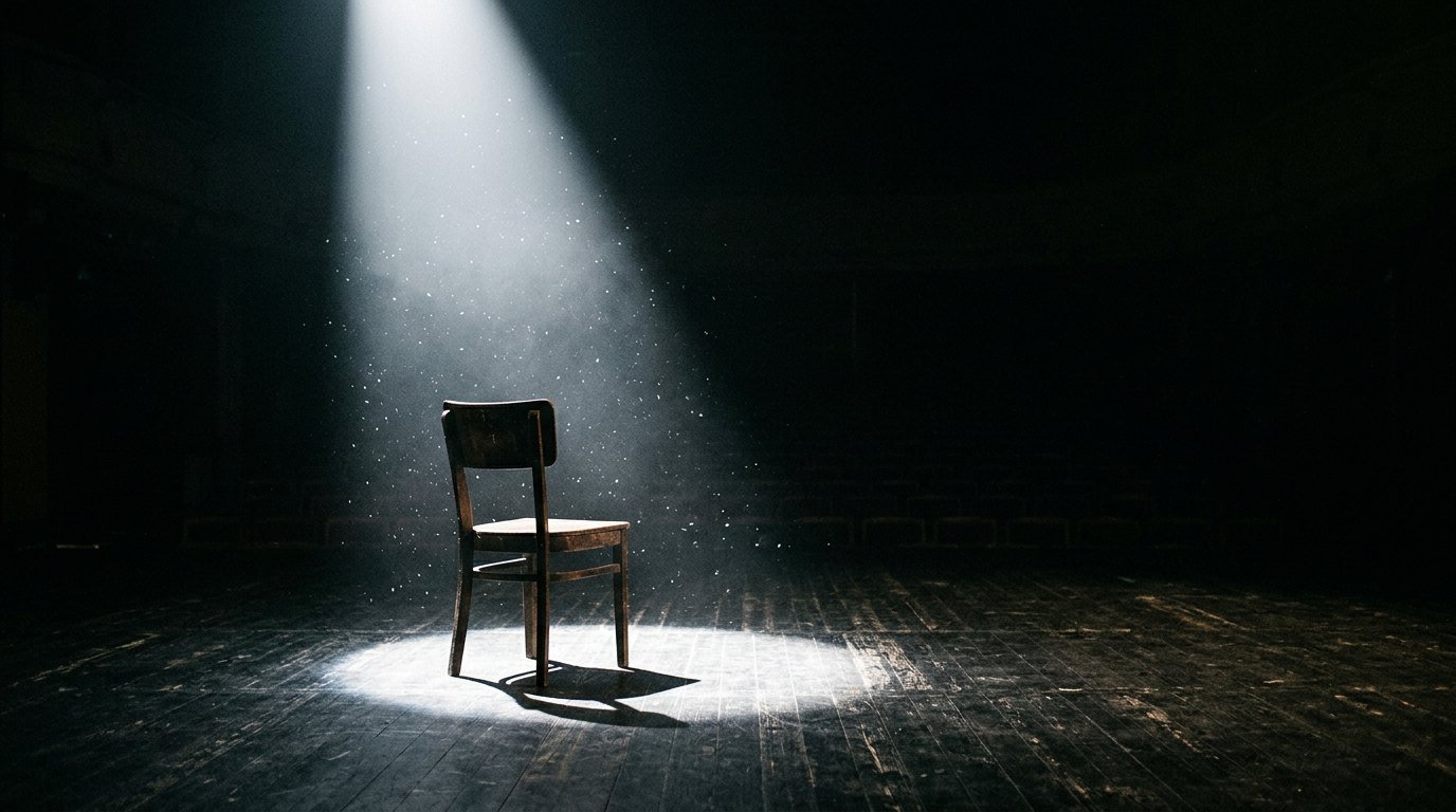An empty wooden chair under a hard spotlight on a bare dark theatre stage