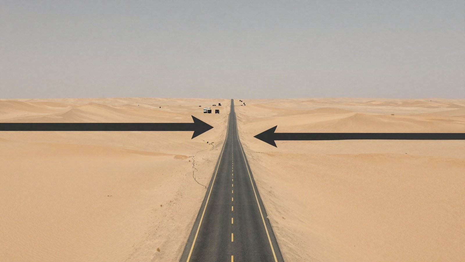 Illustration of two divergent arrow paths converging along a desert route on a faint map of northern Mali with a distant convoy