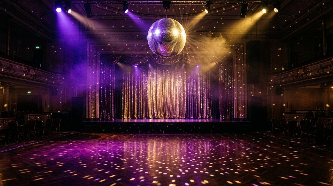 A mirror ball scattering light across an empty ballroom dance floor under purple spotlights