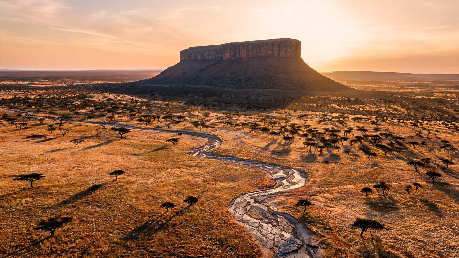 Aerial view of Mount Ololokwe rising from the Samburu plains in northern Kenya