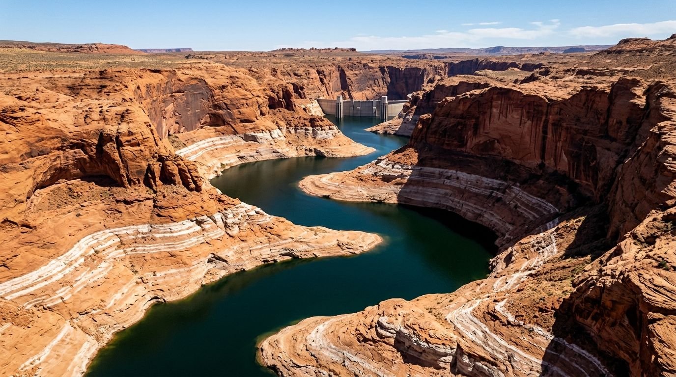 White mineral rings on canyon walls mark the fallen water line of a vast desert reservoir