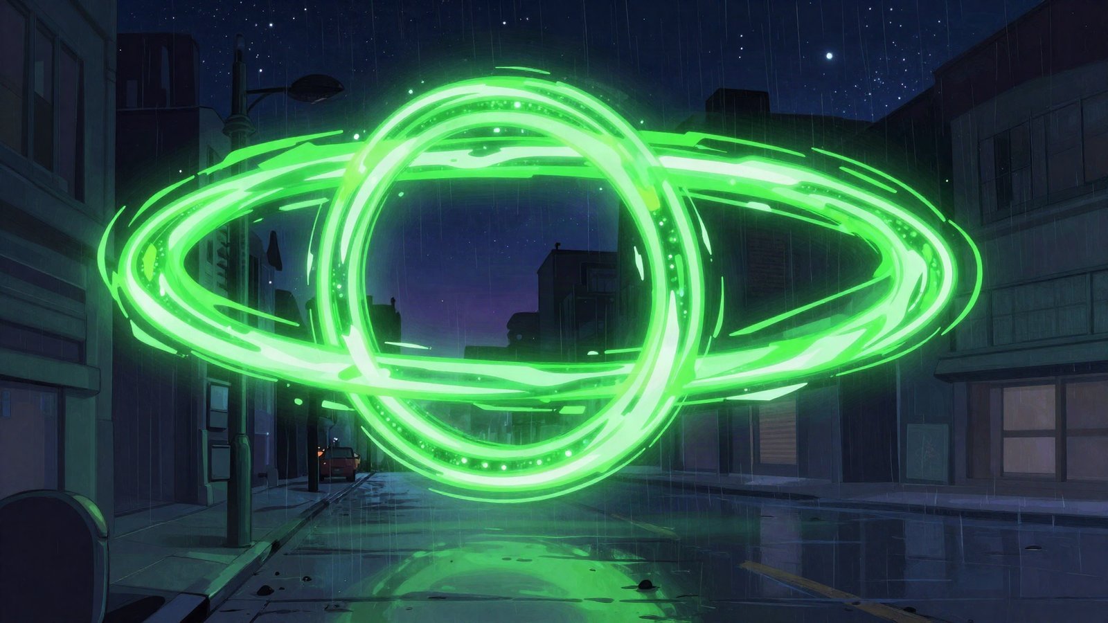 Editorial illustration of a glowing green ring above a noir city street beneath a starry cosmic sky, evoking a DC space-detective series