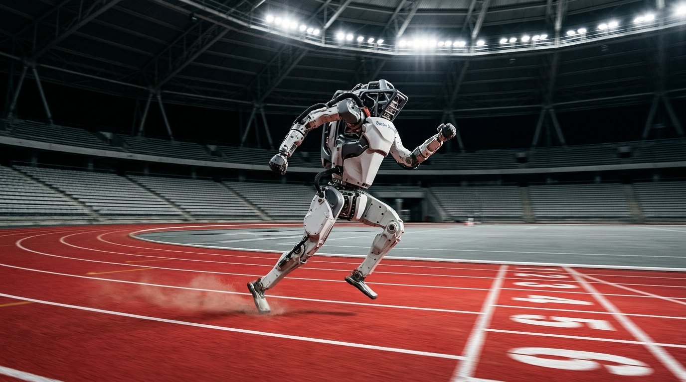 A white and grey humanoid robot mid-stride on a red running track in an empty indoor arena