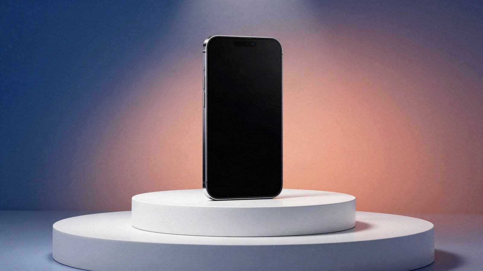 A smartphone with a dark screen displayed on a pedestal under stage lighting