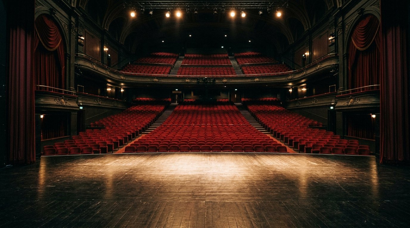 An empty theatre auditorium of red velvet seats seen from a bare, spotlit stage