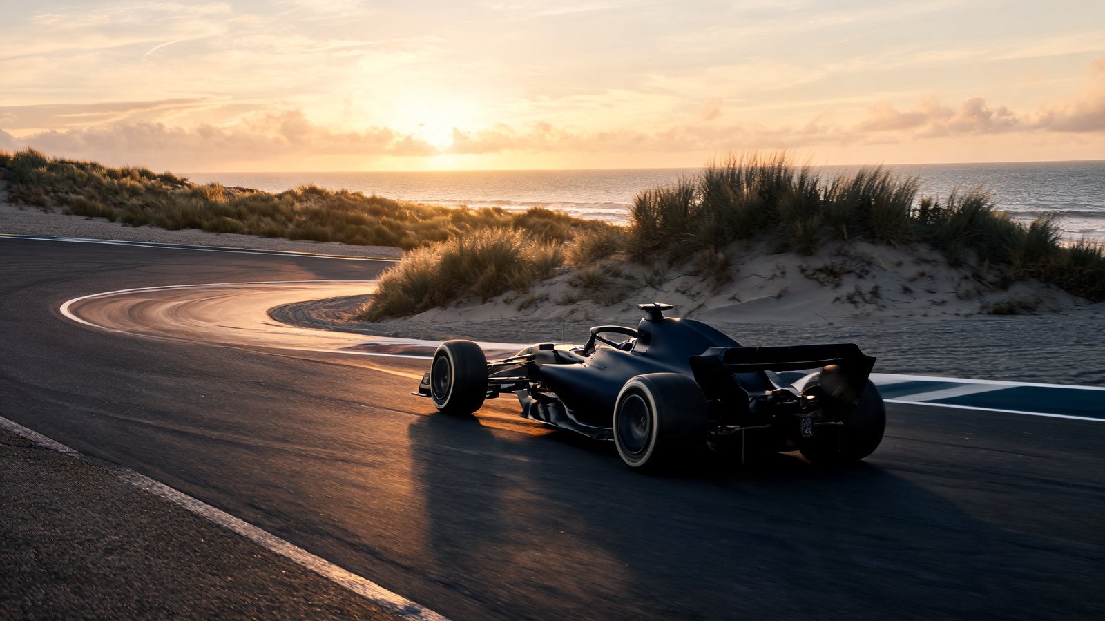 A dark blue Formula 1 car cornering at speed on a seaside circuit at golden hour