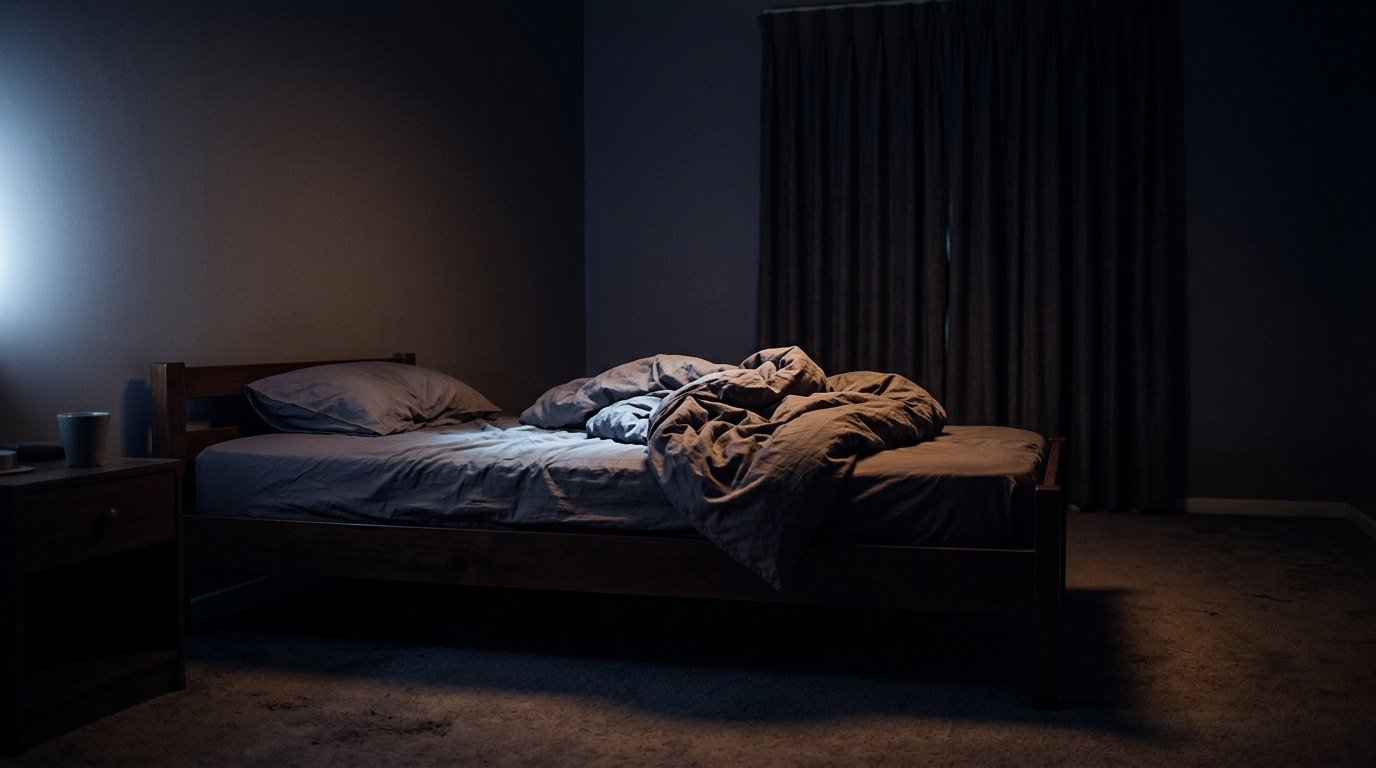 An empty unmade bed in a dark bedroom at night, lit by a soft blue glow from off frame.