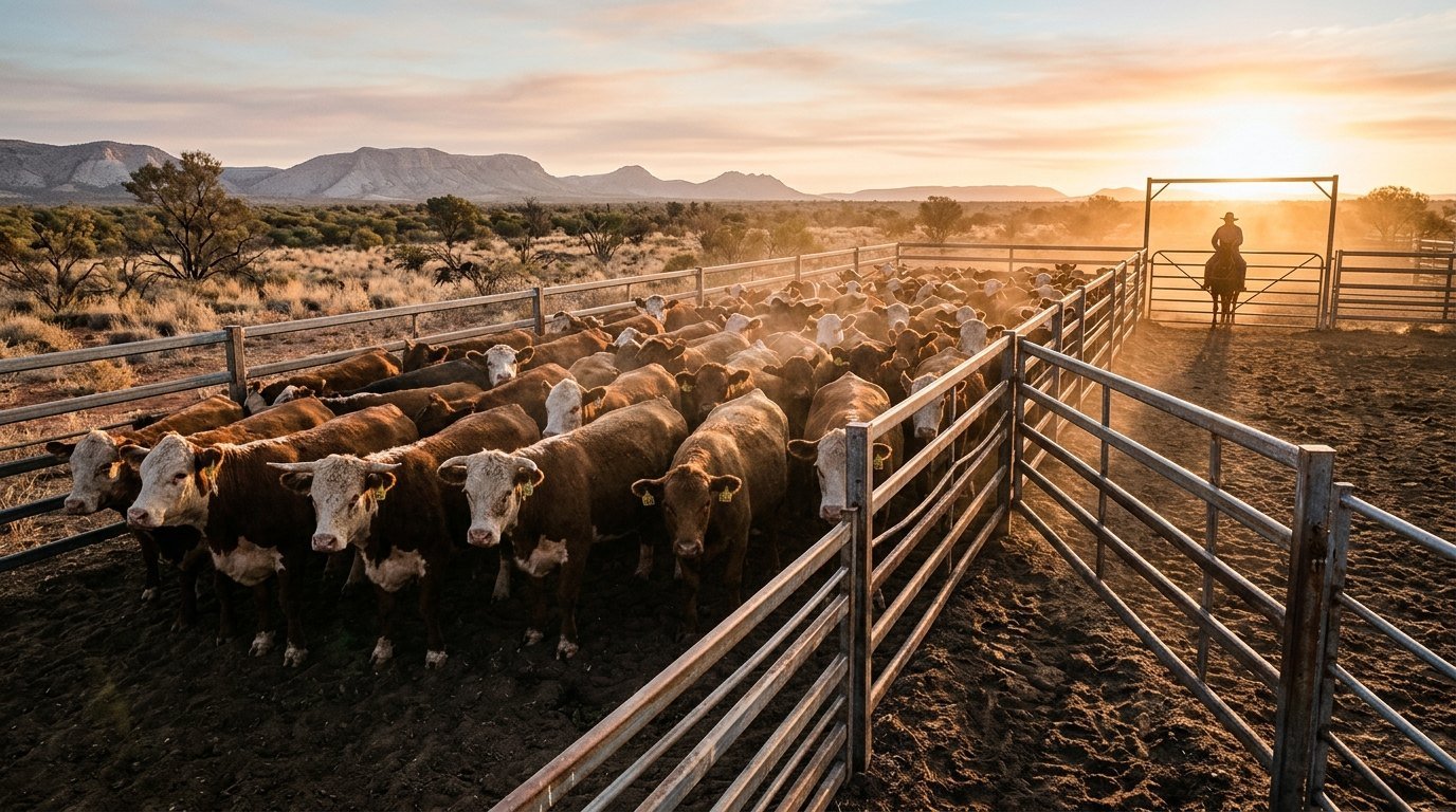 Cattle standing in a metal corral at a dusty border stockyard at sunrise with arid scrubland behind