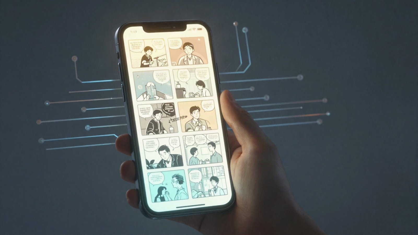 Editorial illustration of a vertical phone screen showing serialized story panels wrapped in circuit patterns, symbolizing AI-generated microdrama series