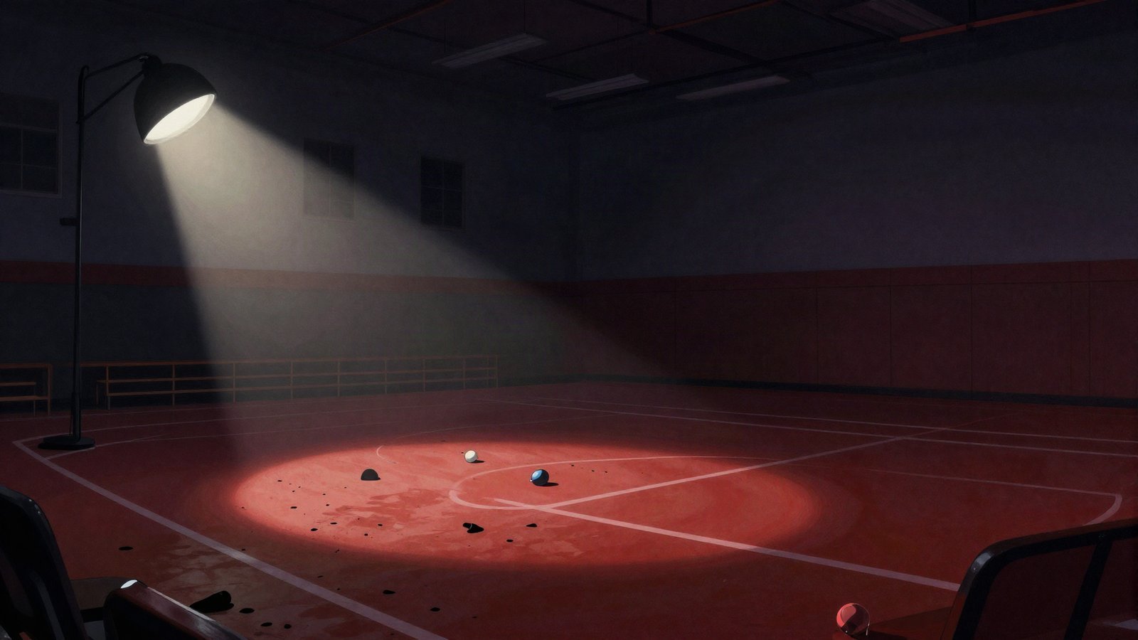 Editorial illustration of a shadowy prom-decorated gymnasium under an ominous red light, evoking a horror adaptation of Carrie