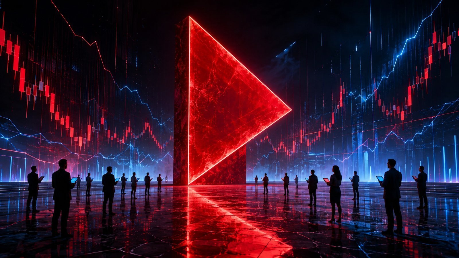 Illustration of a glowing red play button towering over silhouetted onlookers and streaming charts