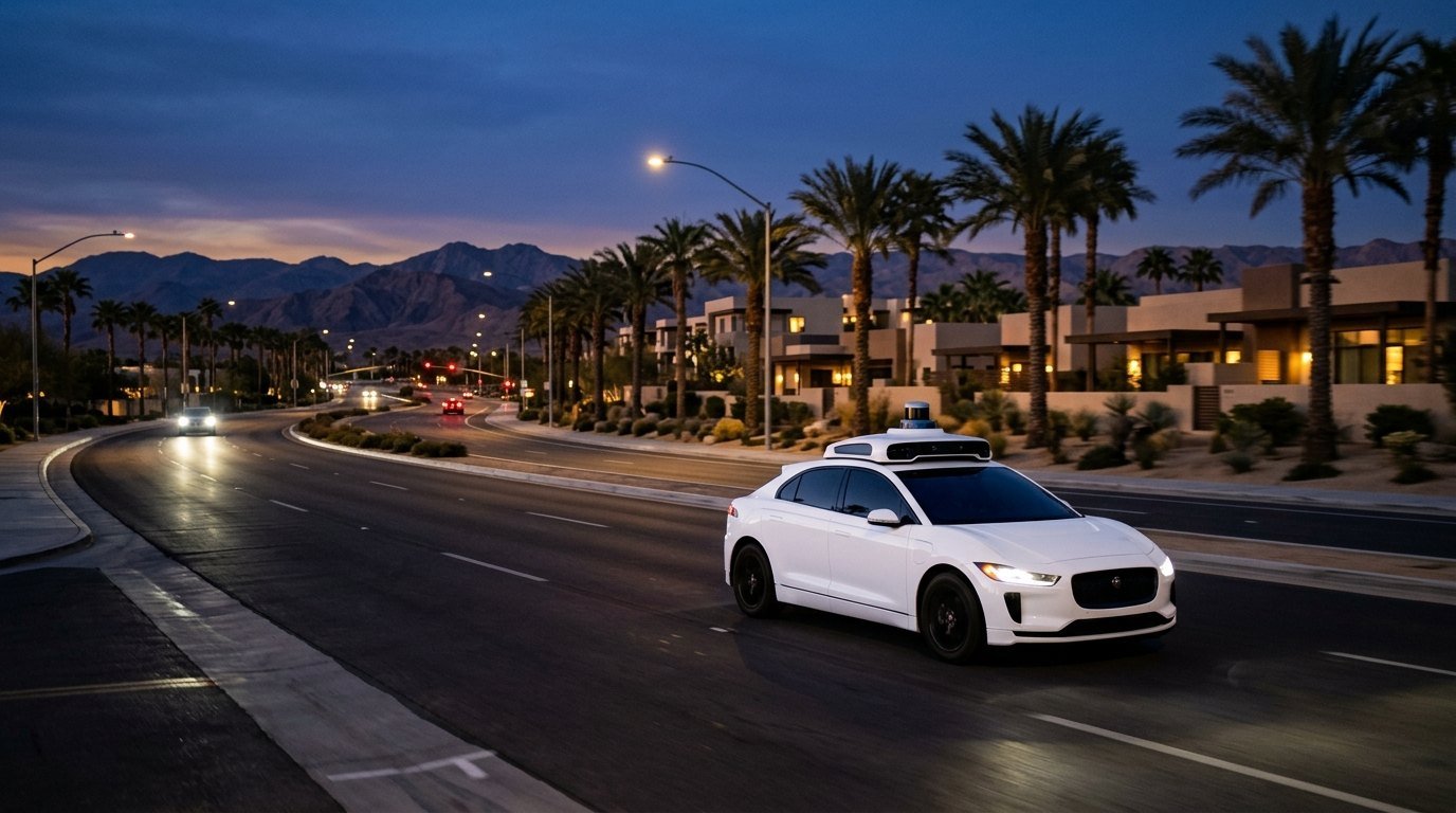 A white driverless electric car travelling on a wide desert boulevard at dusk