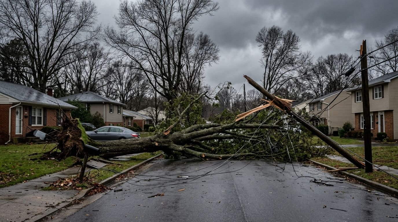 A large uprooted tree and snapped utility poles lying across a suburban street under a grey sky