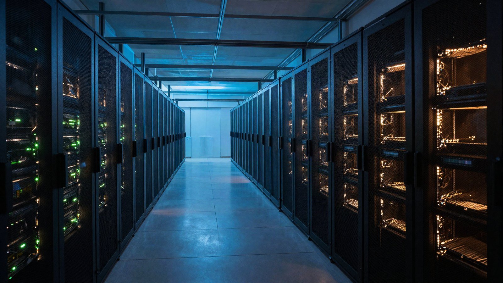 Rows of server racks receding into the distance inside a vast data centre